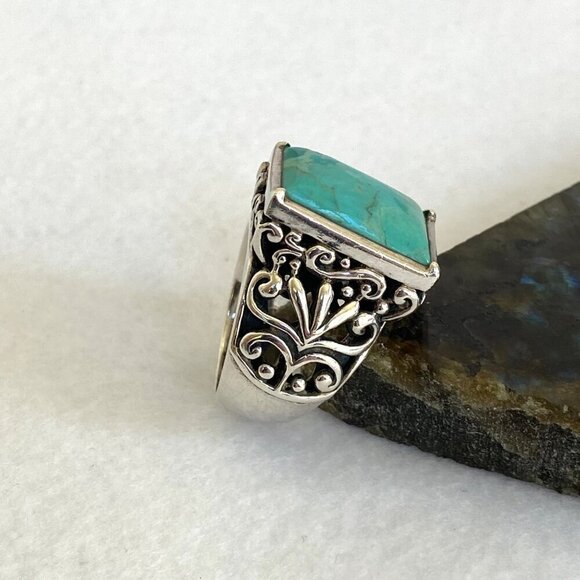 BARSE Sterling Silver 925 Heavy Chunky Scrollwork Turquoise Cabochon Ring Sz 8.5 - Picture 13 of 16